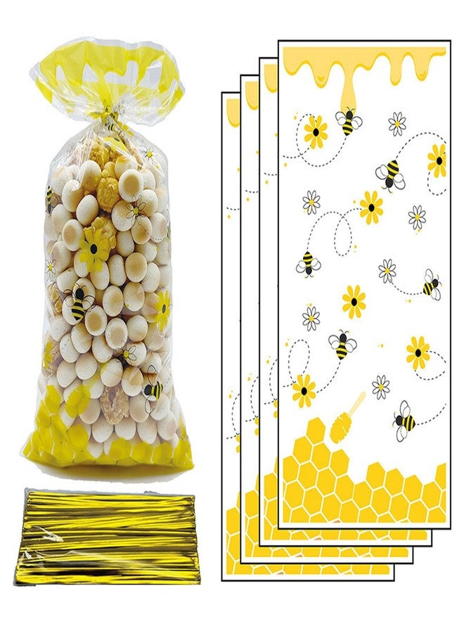 CSTYWC 50 Pieces Bee Party Treat Bags - Honey Cellophane Plastic Candy Goodie Favor Bags With 50 PCS Twist Ties for Birthday Party - Image 1